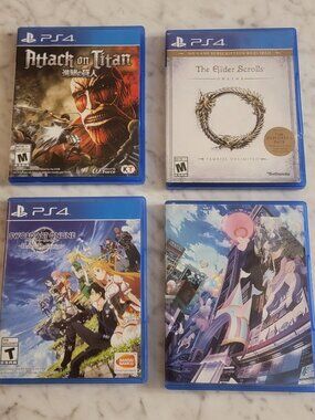4 X PS4 GAMES-ATTACK ON TITAN, THE ELDER SCROLLS, SWORD ART ONLINE, AKIBAS BEAT.